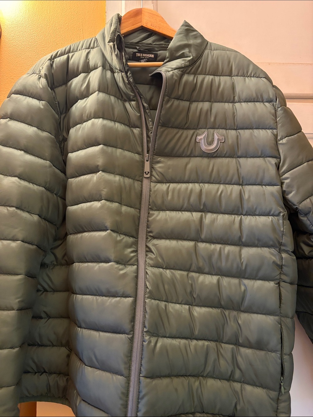 True Religion Men's Olive Green Quilted Puffer Jacket